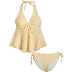 OYOANGLE Women's Tankini Swimsuits Textured Flowy Halter Bikini Set Tummy Control Modest Bathing Suits L