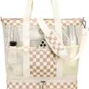 Bluboon Mesh Beach Tote Bag with Cooler Compartment Insulated Detachable Picnic Bag with Zipper and Pocket Pool Bag for Women (A-brown White Grid)