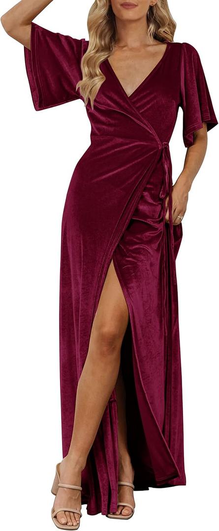MEROKEETY Women's V Neck Wrap Velvet Maxi Wedding Guest Dress Bell Sleeve Split Bridesmaid Cocktail Party Formal Dresses (Large, Burgundy)