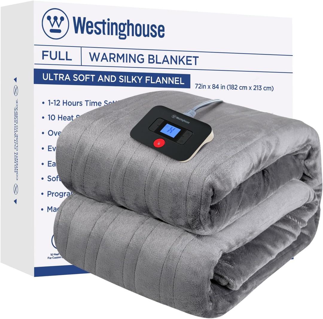 Westinghouse Electric Blanket Full Size, Super Cozy Soft Flannel 80"" x 84"" Heated Blanket with 10 Fast Heating Levels & 1-12 Auto-Off, Machine Washable, ETL&FCC Certification, Light Grey