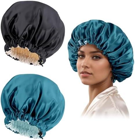 Satin Silk Bonnet for Curly Hair Braid Bonnets for Sleeping for Women Large Double-Layer Adjustable(Black&Blue Zircon)