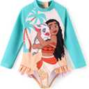 Disney Princess Frozen Elsa Minnie Stitch One Piece Swimsuit Rashguard Bathing Suit UPF 50+Toddler Girl Long Sleeve Swimwear (6 Years, Disney Moana-turquoise)