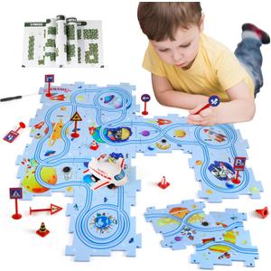 Plastic Floor Puzzles for Kids with Airplane Toy Car, Puzzle Track Car Play Set, Educational Toys for 3 4 5 6 Year Old Boys, 3 4 5 6 Year Old Boy Birthday Gift, Kids Toys Boys 3-5