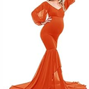 ZIUMUDY Maternity Fitted Mermaid Gown for Photoshoot Long Sleeve Tiered Chiffon Skirt Photo Props Dress (Small, Blue)