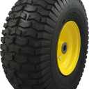 15x6.00-6 Pneumatic, OEM Like Replacement Front Tire and Wheel Assembly, Compatible with John Deere Mowers, Turf Saver, 4PR Tube-Type Tire, Yellow Wheel, 3-Inch Offset Hub, 3/4-Inch Bushings