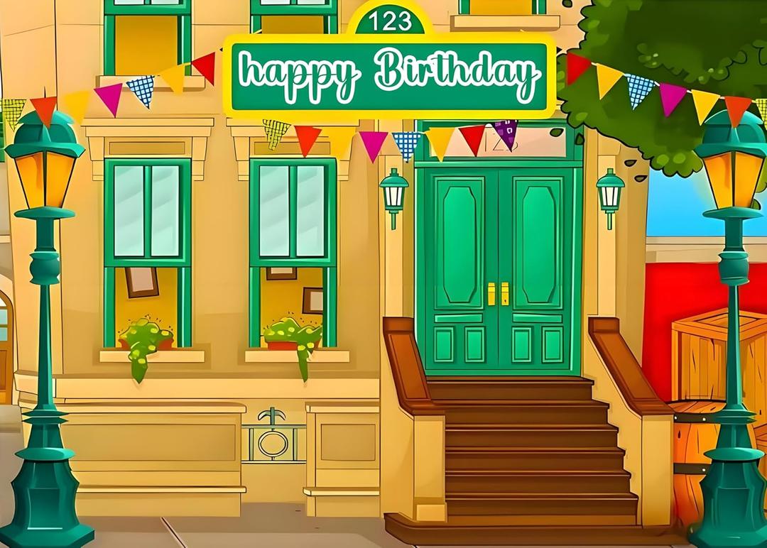 7x5ft Fabric Happy Birthday Backdrop for Photography Cartoon Street Theme Backdrop for Boys and Girls Photo Booth Shooting Props