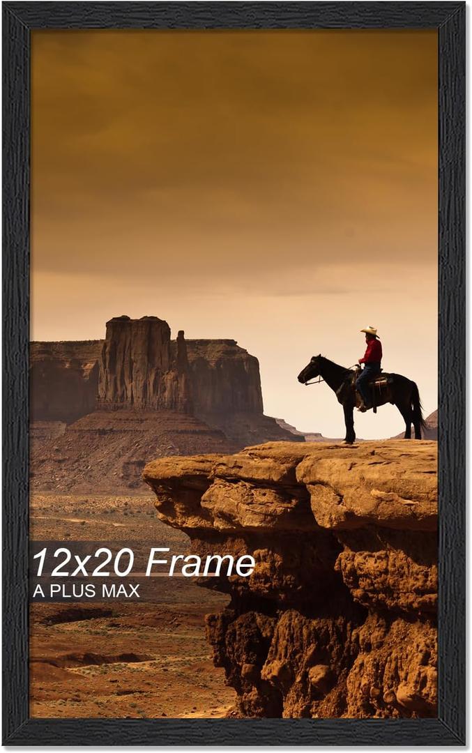 A PLUS MAX 12x20 Picture Frame, Black Engineered Wood Frame for 12 x 20 Inch Picture Poster Photo, Light Weight 12 by 20 Frame with Wood-grain for Wall - 1 Pack/Black/12 x20