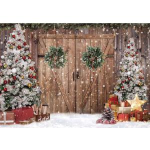 10x8FT Polyester Fabric Winter Christmas Rustic Barn Wood Door Photography Backdrop Xmas Tree Snow Background Banner for Family Holiday Party Decoration Supplies Photo Studio Props Pictures