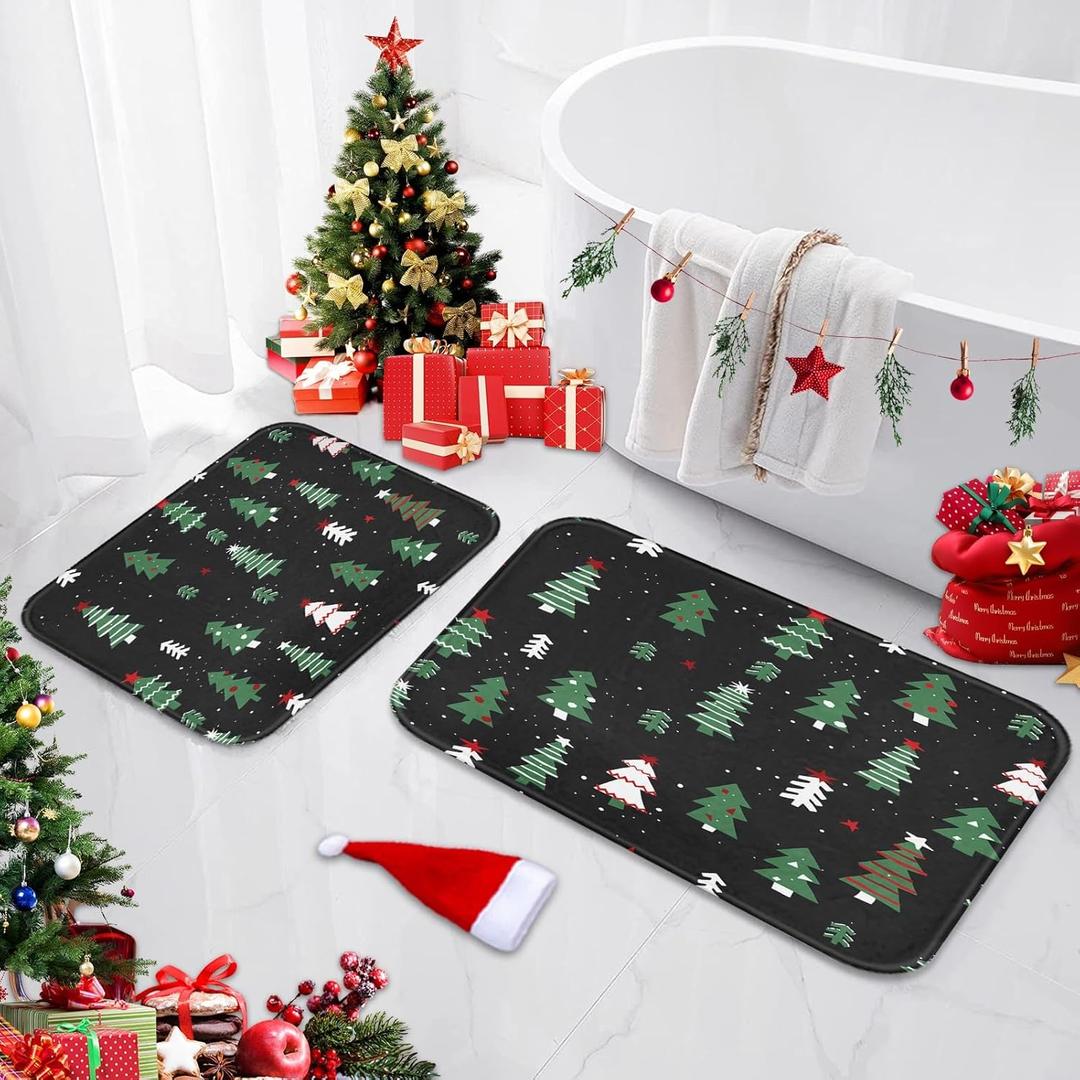Britimes Christmas Bathroom Rug and Mat Set 2 Piece, Christmas Trees Red Green Black Bathroom Rugs Non Slip, Absorbent Microfiber Memory Foam Bath Mat Machine Washable