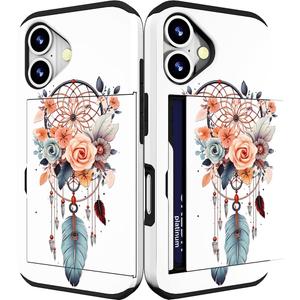 Compatible for iPhone 16 Plus Case Cute with Card Holder Shockproof Slim Slot Phone Wallet Cover for Women/Dreamcatcher Dream Catcher Flower Feather Girly