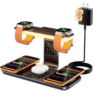7-in-1 Wireless Dual Phone Charging Station for Apple, Dual Magsafe Charger for iPhone 17-12 Series, for Dual Apple Watch Charger for iWatch, with Air Pods Charger, Night Light & Clock