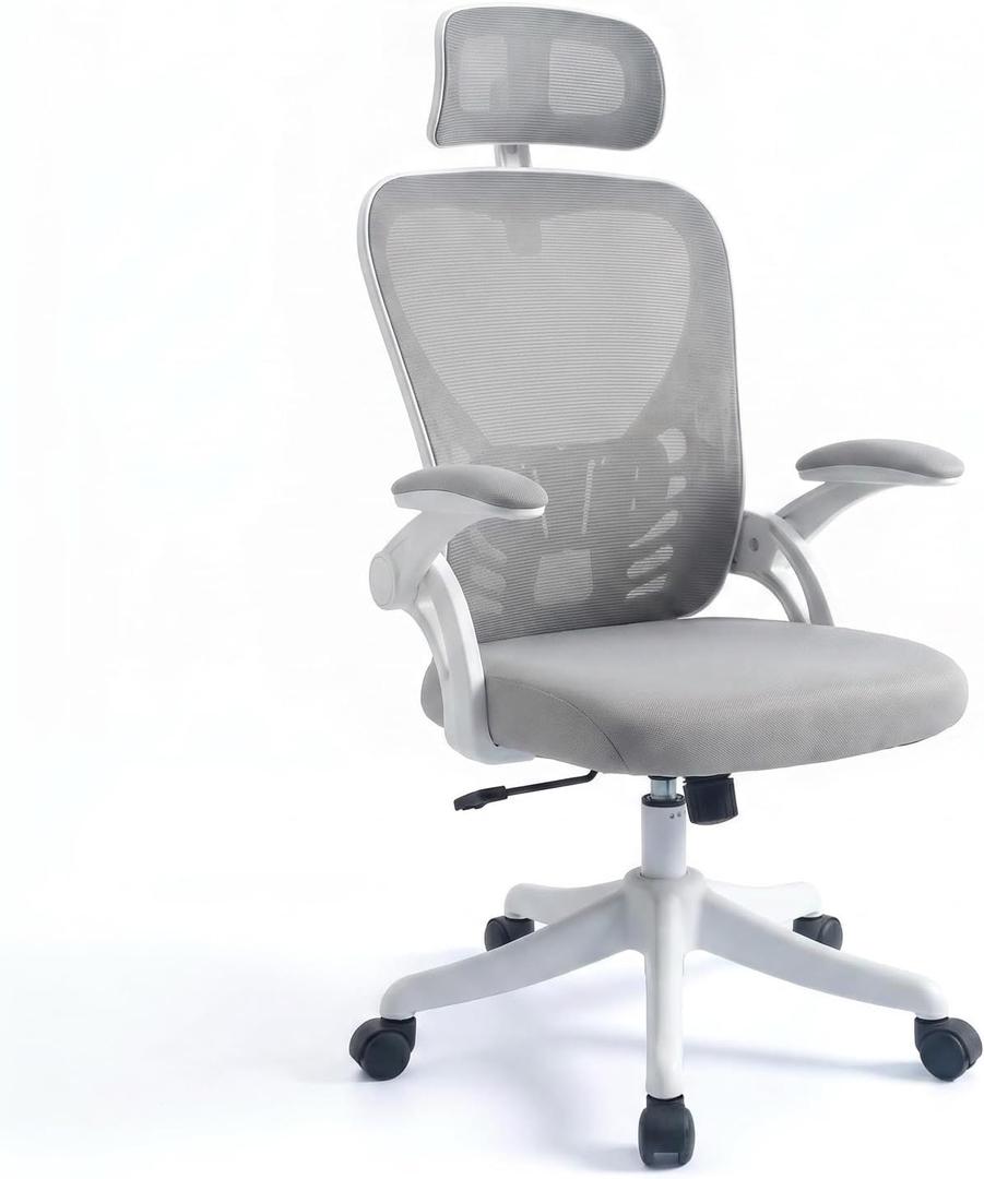 Ergonomic High Back Mesh Office Chair with Adjustable Headrest & Flip Up Armrest, Height Adjustable Swivel Rolling Desk Chair, 300LBS Breathable Computer Task Chair for Home Office(Grey), 27.2‘’*24.7‘’*48‘’