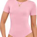 Cute Short Sleeve Tank Tops Bodysuit for Women Crew Neck Casual 2026 Summer Tops (Small, Pink)