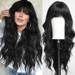 HAIRCUBE Black Wig Long Curly Wig with Bangs Natural Appearance Heat-Resistant Synthetic Wig Suitable for Fashionable Women