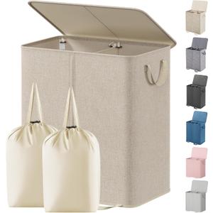 Lifewit Double Laundry Hamper with Lid and Removable Laundry Bags, Large Collapsible 2 Dividers Dirty Clothes Basket with Handles for Bedroom Laundry Room Closet Bathroom College, 155L Beige