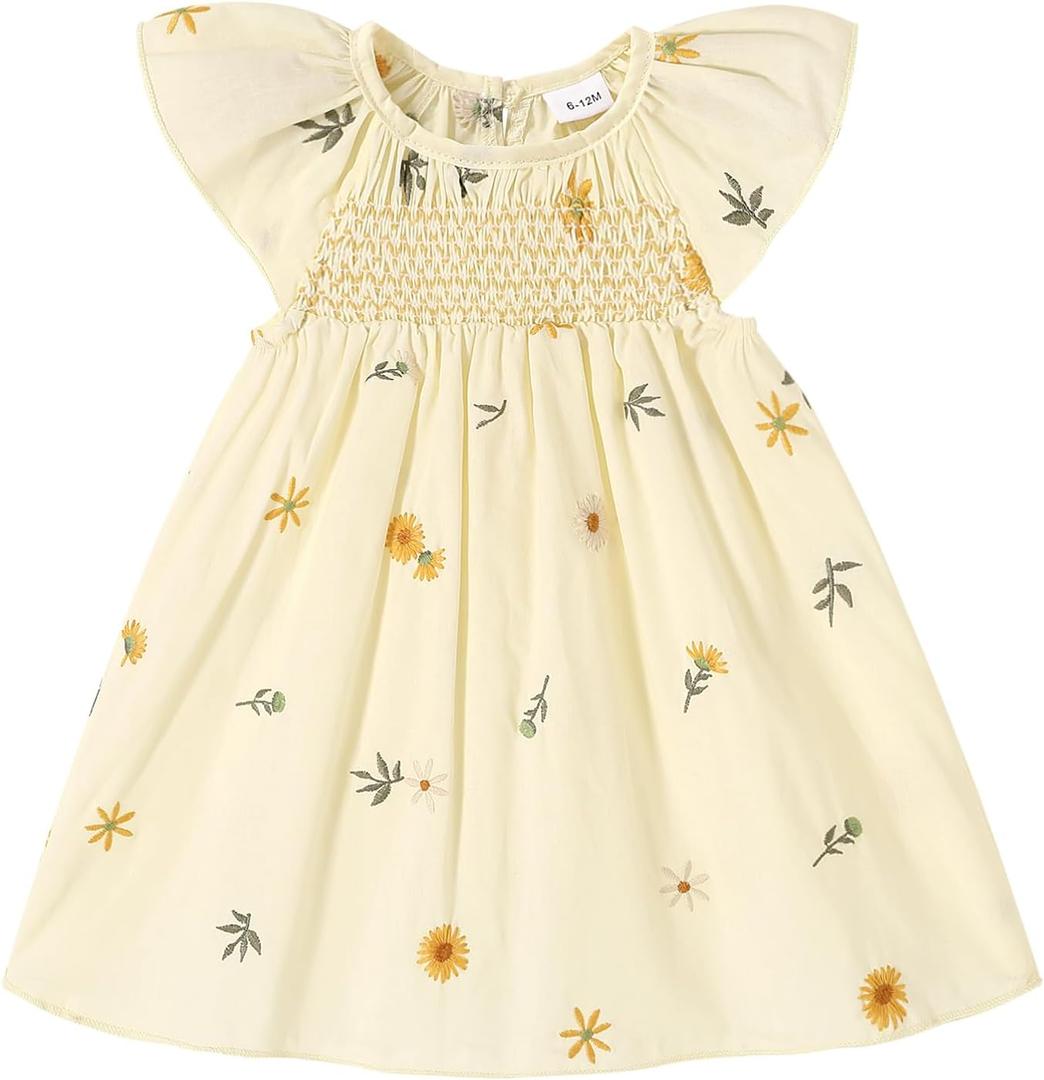 JEELLIGULAR Baby Girl Summer Dress Smocked Flutter Sleeve A-Line Beach Dresses with Back Button Toddler Sundress (Beige)