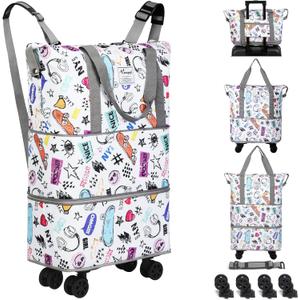 VOOWO Rolling Duffel Bag with Wheels - Foldable Expandable Duffle Bag with Wheels for Travel, Rolling Luggage Bag Carry On Bag with Wheel, Large Rolling Backpack Weekend Bag for Men Women (White)