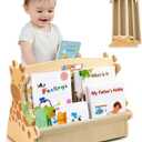 Toddler Bookshelf Double-Sided with 4 Tier Deep Sleeves Kids Wooden Montessori Book Rack for Baby Nursery Room, Playroom, Classroom or Bedroom Bookcase Storage Organizer, Light Wood Giraffe