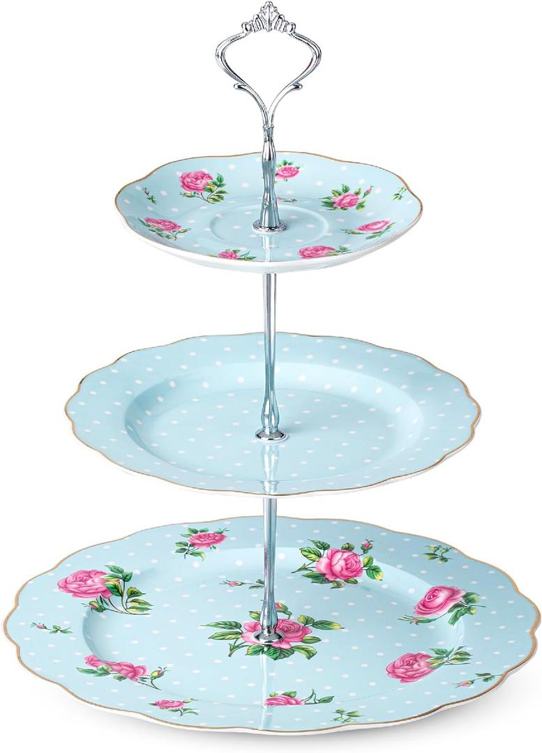 BTaT- Floral 3 Tier Cake Stand, Porcelain, Pastel Blue with Pink Roses & Gold Trim, 3 Tiered Dessert Stand for Cookies, Cupcakes & Fruits, Dishwasher Safe