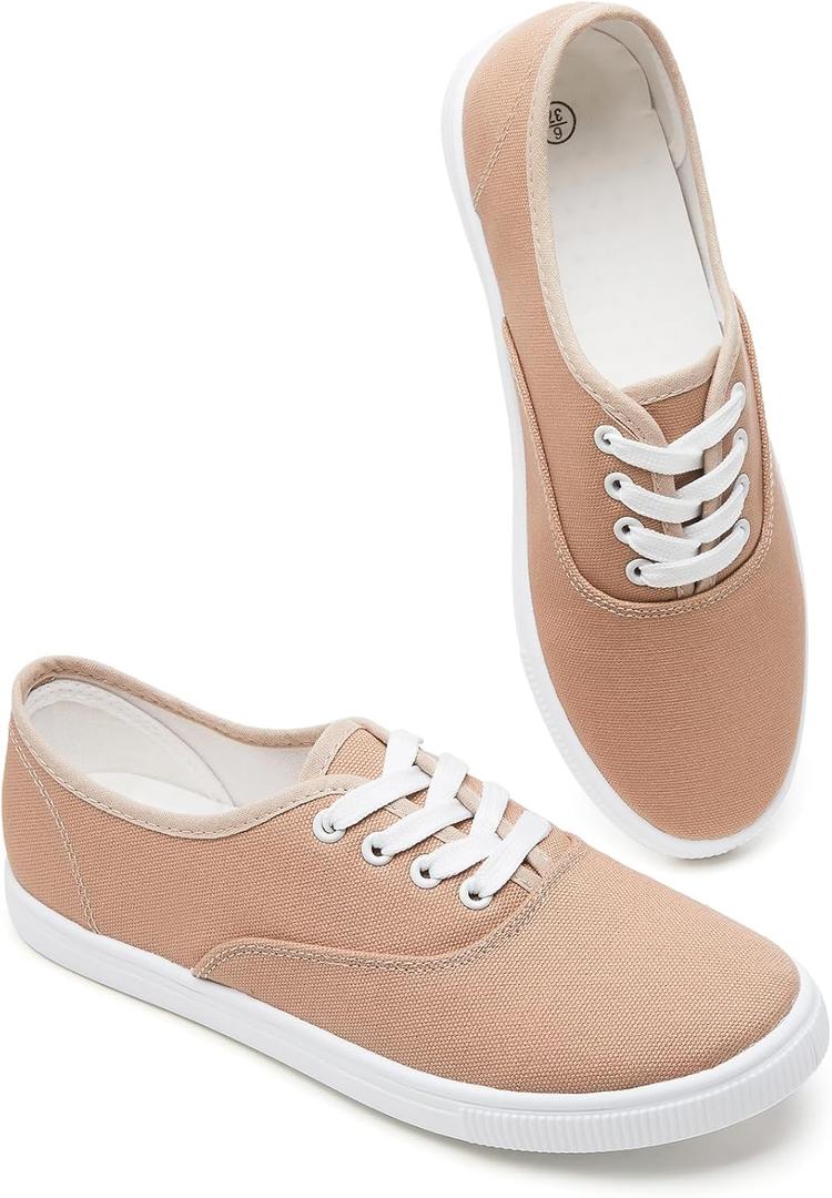 Womens Classic White Sneakers,Low Top White Canvas Shoes,Lightweight Casual Canvas Sneakers (8, Beige)