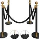 4 Pack Black&Gold Stanchions and Velvet Ropes Set, Stainless Steel Crowd Control Barriers, 3Pcs Black Ropes and Poles for Party Supplies,Photobooth Accessories, Prom,Birthday,Business,Wedding, Museums