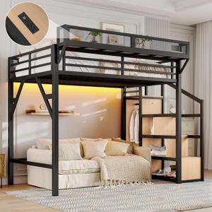 Bellemave Twin XL Loft Bed Frame with Storage Stairs, Beside Shelf & Wardrobe, Metal Loft Bed Twin XL with USB Ports & LED Light, Large Under-Bed Space Loft Beds for Adults, Teens, Kids, Black Natural