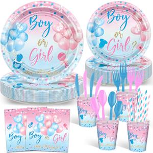 Avezano 192 Pcs Gender Reveal Party Decorations Boy or Girl Plates Napkins Cups Blue and Pink Gender Reveal Party Tableware Set Serve 24