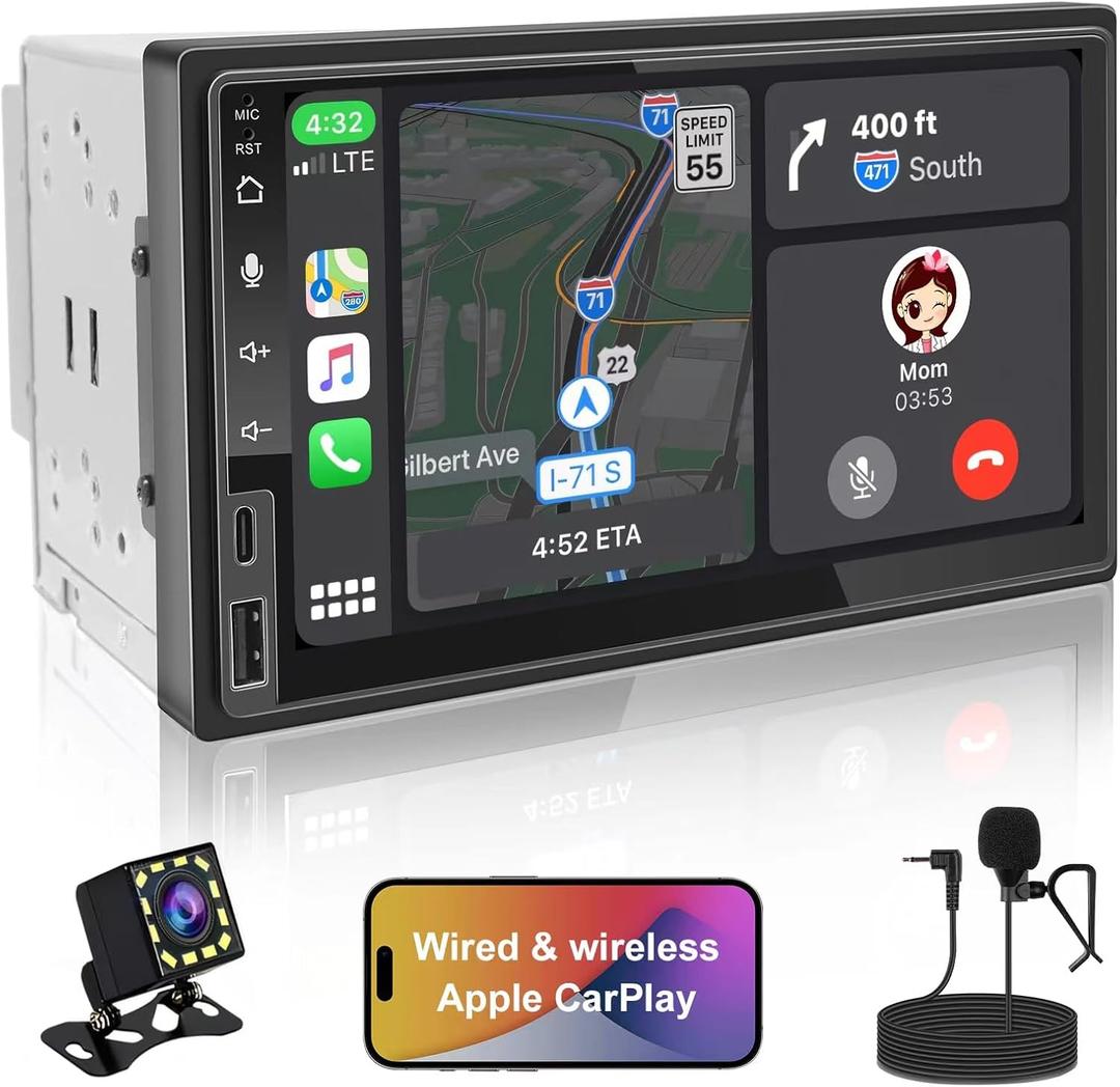 Double Din Car Stereo Wireless CarPlay Wireless Android Auto, 7 in 2+32G Android Touchscreen Car Radio Audio Receiver with Bluetooth/WiFi, Rearview Camera,AM/FM, Type C Fast Charge, USB/SWC/AUX (7 Inch)