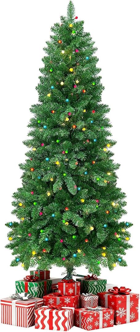 6FT Christmas Tree Prelit Artificial Christmas Tree with Lights 200 Multi Colored LED Hinged Christmas Tree with 550 PVC Tips Foldable Metal Stand for Home Office Party Indoor Outdoor Christmas Decor