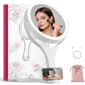 Hasipu Portable Travel Makeup Mirror with Lights 360 Rotating with 1X/10X Magnifying, Rechargeable Tabletop Handhold Hanging 3 in 1 Mirror (White)