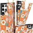 Petitian for Samsung Galaxy S25 Ultra Case with Wallet - Women Girls Cute Girly Aesthetic Unique Design Leather Credit Card Holder Cardholder Stand Wristband for S25 Ultra, Orange Floral