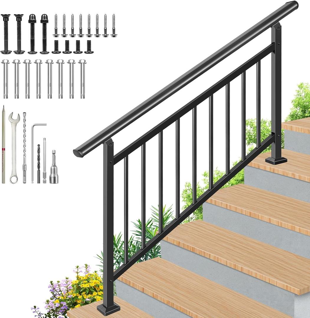 Upgrade Adjustable 5 Steps Handrail, 63"x38" Stair Railing Kit, Railings for Stairs Indoor and outstair, Hand Rails for Porch Railing, Deck Hand Railing, 5 Steps Handrails for Outdoor Steps