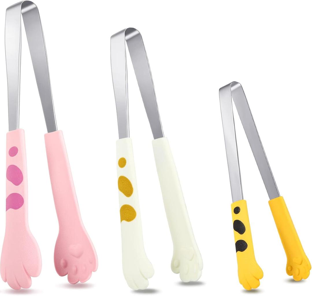 3 Pcs Cat Paw Tongs Kawaii Food Stainless Steel Kitchen Tongs Cute Kitchen Accessories Gift for Cooking Toast, Bagels Barbecue and More, 3 Size(Yellow, Pink, White)