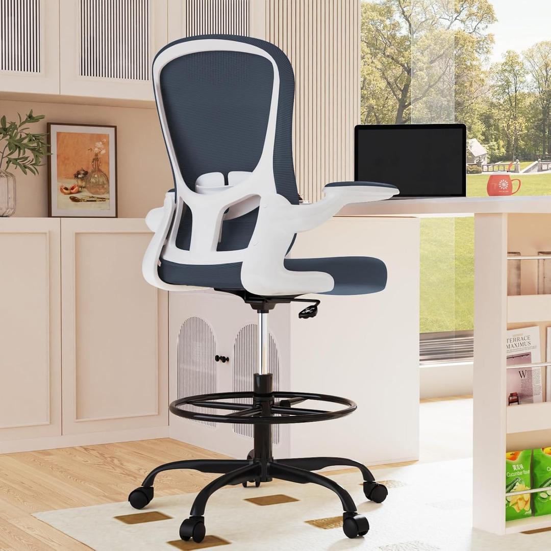 Drafting Chair, Tall Office Chair with Flip-up Armrests Executive Ergonomic Computer Standing Desk Chair, Office Drafting Chair with Lumbar Support and Adjustable Footrest Ring (Dark Grey)