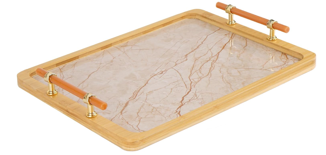 JUPELI 16" x 12" Bamboo Serving Tray with Handles – Marble Pattern Decorative Rectangle Tray for Coffee Table, Kitchen, Vanity, Bathroom, or Ottoman – Perfect for Bread Food Fruit Display & Storage