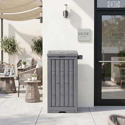 30 Gallon Gray Outdoor Trash Can with Hinged Lid, Weather-Resistant Resin Waste Container for Patio, Backyard, Pool Area, Home & Commercial Use