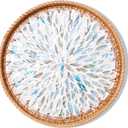Round Rattan Tray with Mother of Pearl Inlay & Wooden Base - Decorative Wicker Serving Tray for Coffee/Bread/Fruits, Food Storage & Display - Multipurpose Home Decor (L,Colorful Leaves)