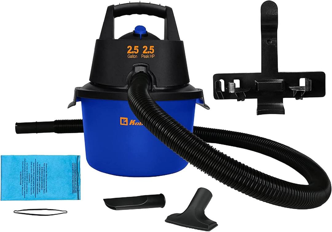 Koblenz WD-2.5L Portable Wet Dry Vacuum, 2.5-Gallon 2.5 PHP Suction Plus Blower Vacuum Cleaner for Liquids, Dust, Pet Hairs, 10 Reach, For Car Cleaning, Wall-Mount Support, Parts Included, Blue/Black