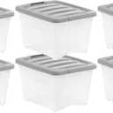 Amazon Basics Plastic Storage Containers with Secure Latching Lids, Stackable Organization Bins, Clear/Grey, 19 Quart, Set of 6