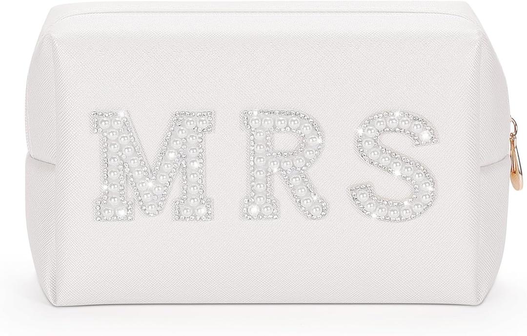 Etercycle MRS Letter Cosmetic Bag, Bridal Shower Gifts Small PU Waterproof Makeup Bag, Bling Pearl Rhinestone Patches Travel Organizer for Engagement Bachelorette Party (Silver)
