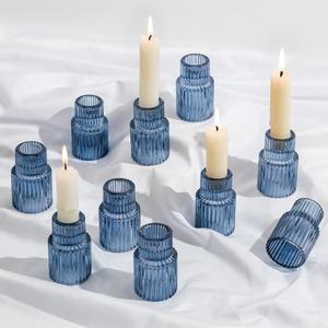 Glasseam Candle Sticks Holder Decor: 10 Pcs Ribbed Blue Glass Candle Holder Modern Fluted Taper Candle Holders Bulk for Table Centerpiece Wedding Decorations Dinner Party Home Decor