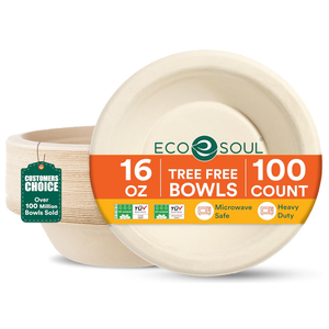 ECO SOUL 16 Oz Compostable Disposable Paper Bowls [1000 Pack] Food Safe Leak-Free 100% Virgin Bagasse Biodegradable Heavy Duty Ramen Soup Bowl for Hot & Cold Food Microwave Safe [Small, Round, White]