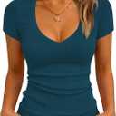 Albe Rita Women Short Sleeve T-Shirt Cap V Neck Shirts for Women Ribbed Casual Top Knit Slim Fit for Summer, Medium