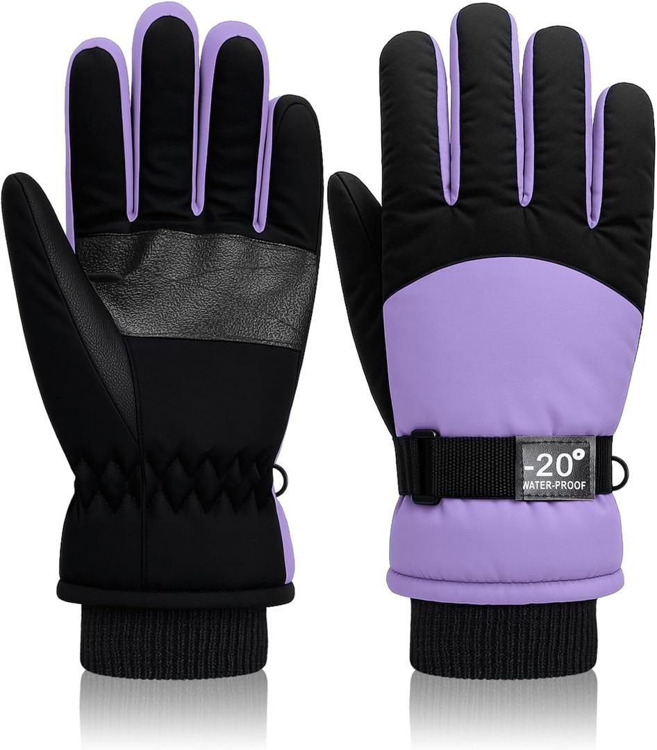 Geyoga Jetec Kids Waterproof Winter Snow Ski Gloves for Boys Girls Warm Thickening Snowboard Gloves Outdoor(Light Purple,6-10 Years)