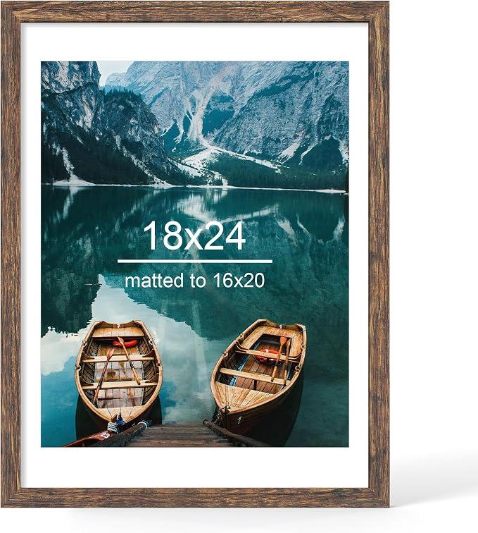 Hongkee 18x24 Picture Frame, Rustic Brown Wood Style, Wall Mounting
Display Posters 16 x 20 with Mat or 18 x 24 without Mat, 1 Pack for Photos, Artwork; Fits Home, Office & Gallery Wall Decor