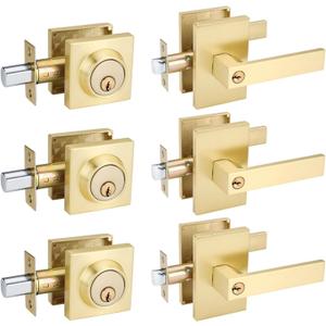 Gold Exterior Door Lock Set, Front Door Lock Set with Deadbolt, Heavy Duty Zinc-alloyed Exterior Door Handle Square Contemporary Brushed Gold Front Door Lock Sets (3 Pack)
