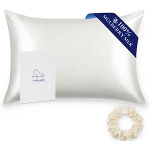ALASKA BEAR Silk Pillowcase for Hair and Skin, 100% Mulberry Silk Pillow Cases Queen Size for Beauty and Cool Sleep, Scrunchy Gift Set, Natural White(1pc, Ivory) (Queen 20''x30'')
