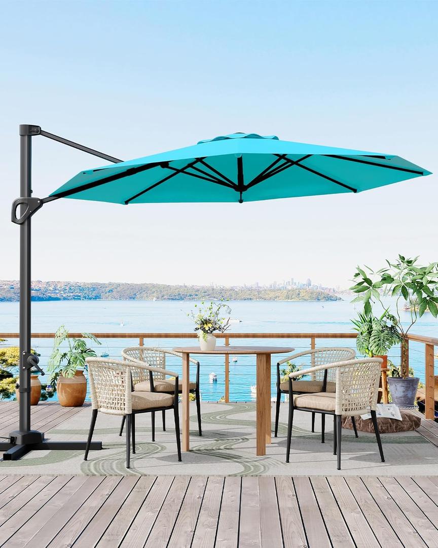 10FT Cantilever Umbrella Outdoor Patio Umbrella w/Base Included Market Offset Umbrella Sun Shade Windproof with 360-Degree Rotation for Patio Garden Deck Pool, Turqoise Blue (Without Solar LED)