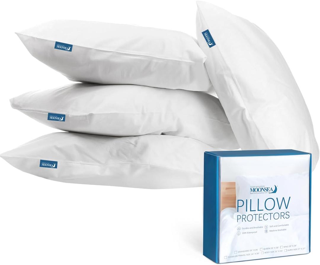 Waterproof Pillow Case Protector with Zipper 4 Pack Standard Size 20 x 26 inch White Pillow Protectors Feather Proof Pillow Covers Encasement Pillow Case