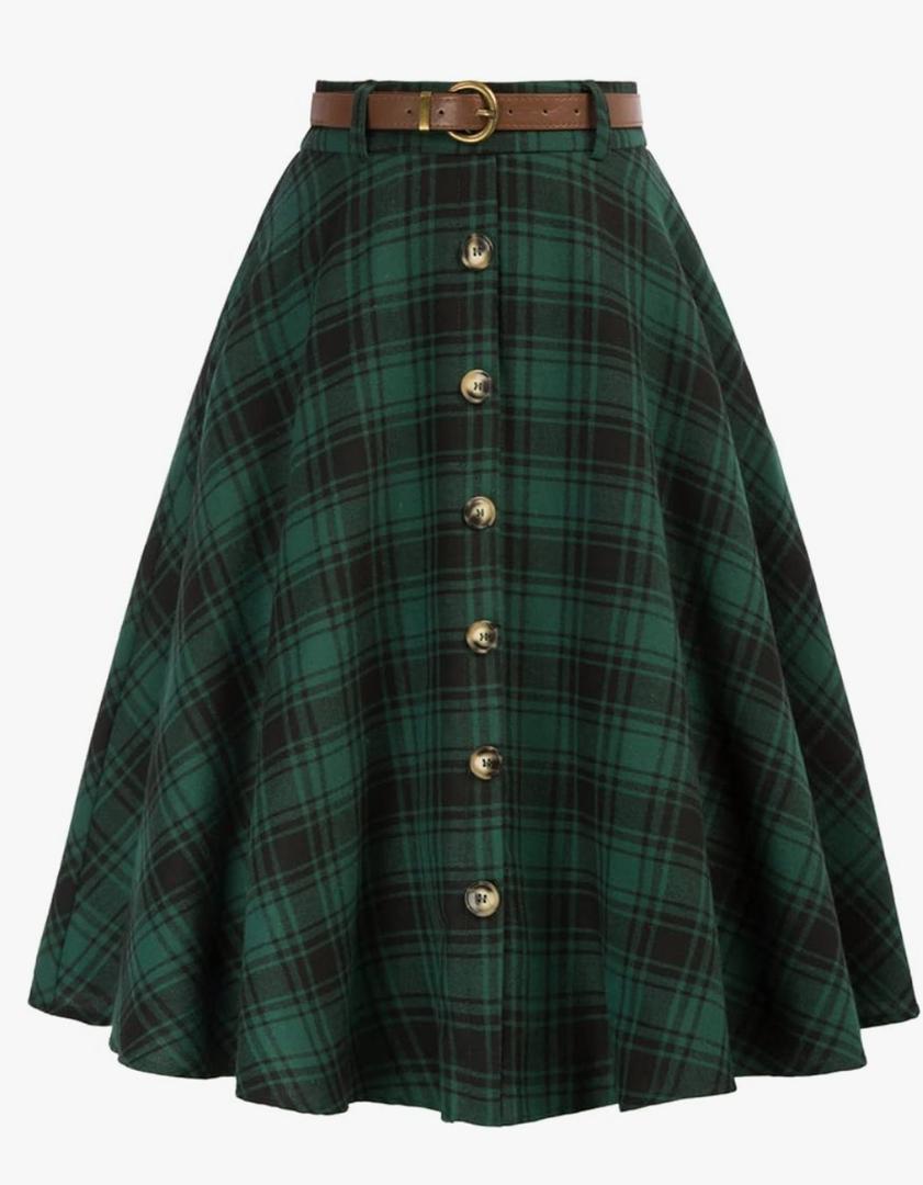 Belle Poque Women's Plaid A-line Skirt Vintage Pleated Flared Midi Skirts Fall Winter Skirt  Size S